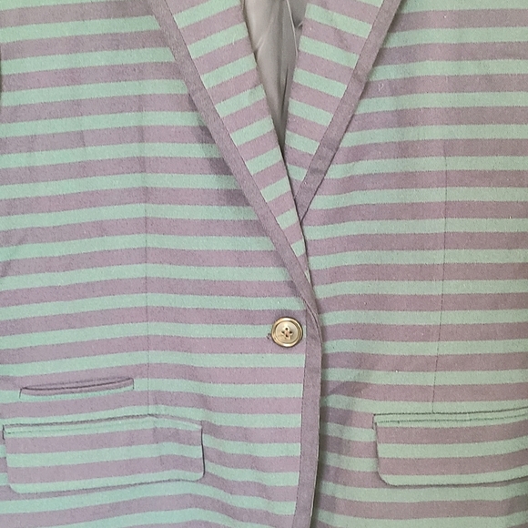 Merona Casual Blazer Jacket Women Green & Blue Striped Career One Button Size 14 - Picture 5 of 6